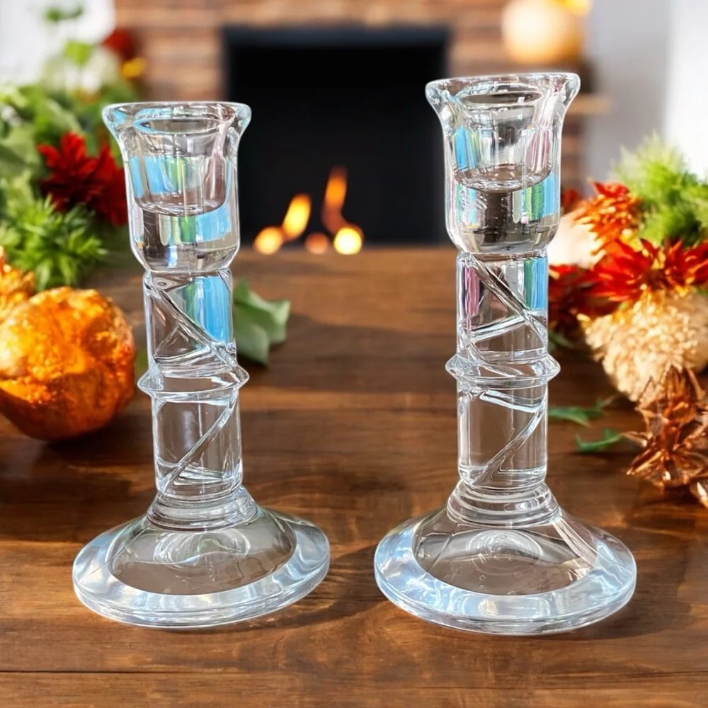 Vintage Clear Glass Bamboo Twist Candlestick Holders - Pair 6”